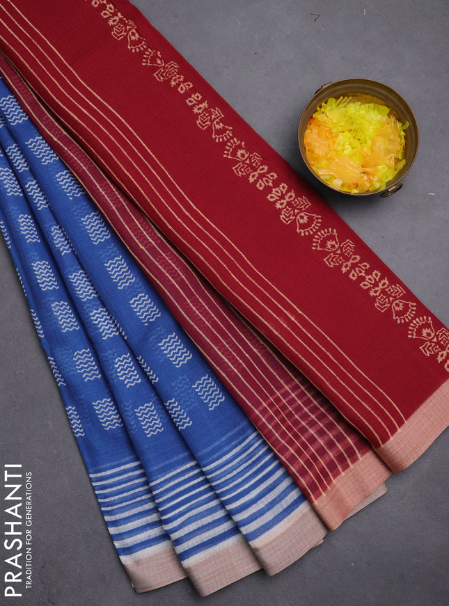 Kota silk cotton saree blue and maroon with allover block prints and simple border