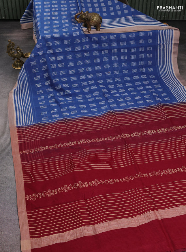 Kota silk cotton saree blue and maroon with allover block prints and simple border
