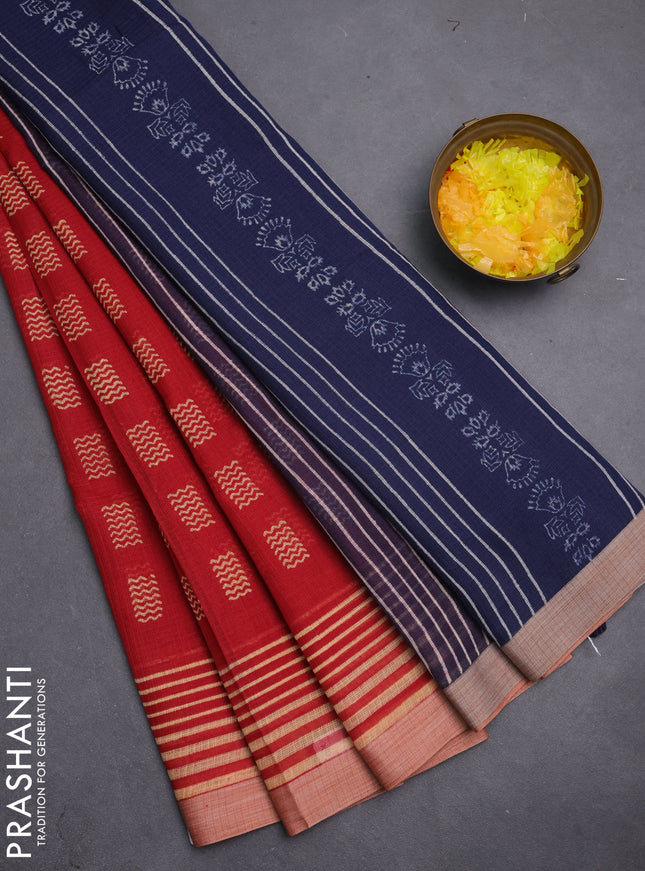 Kota silk cotton saree red and navy blue with allover block prints and simple border