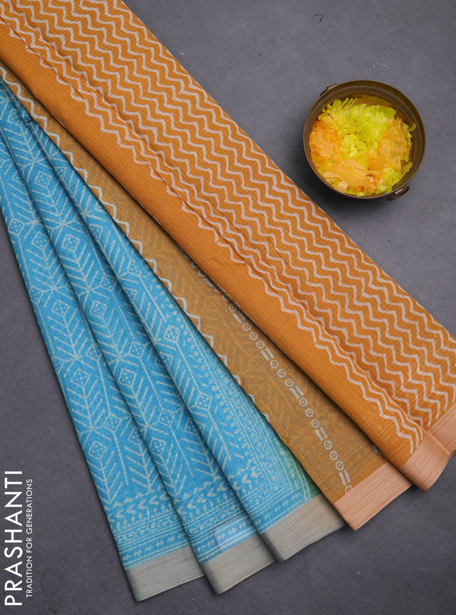 Kota silk cotton saree teal blue and mustard yellow with allover block prints and simple border