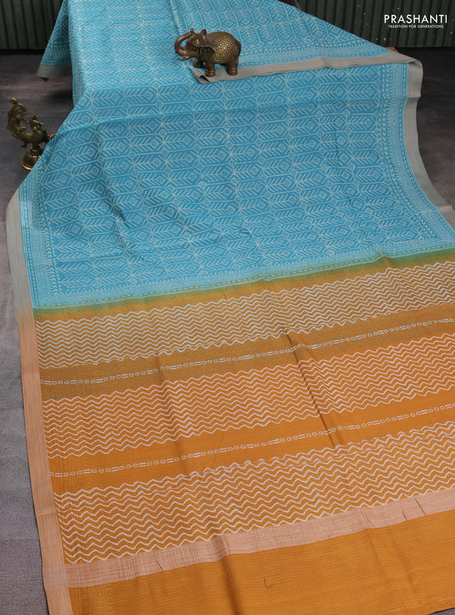 Kota silk cotton saree teal blue and mustard yellow with allover block prints and simple border