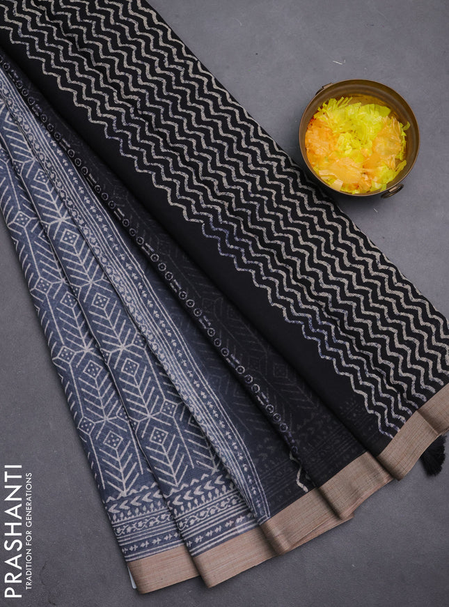 Kota silk cotton saree grey and black with allover block prints and simple border