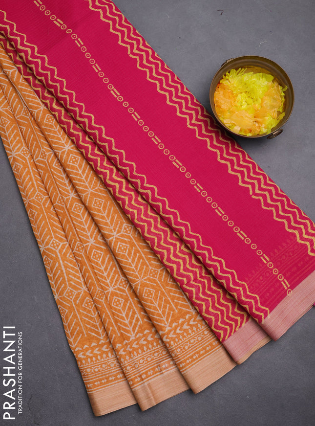 Kota silk cotton saree mustard yellow and pink with allover block prints and simple border