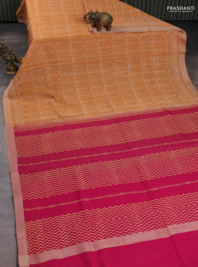 Kota silk cotton saree mustard yellow and pink with allover block prints and simple border