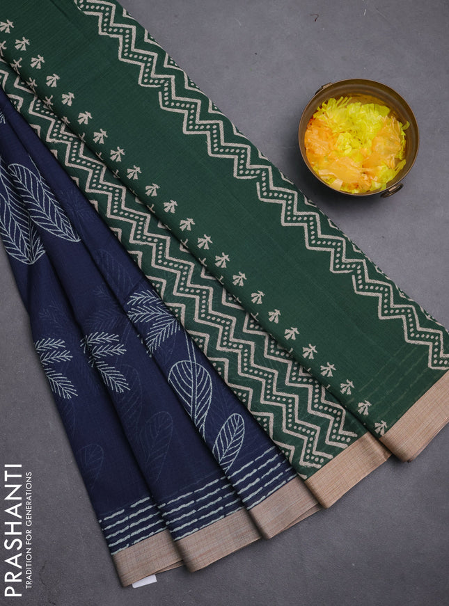 Kota silk cotton saree navy blue and bottle green with allover block prints and simple border