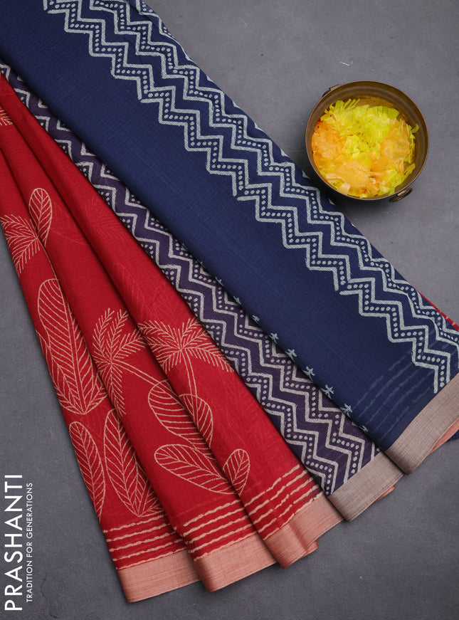 Kota silk cotton saree red and navy blue with allover block prints and simple border