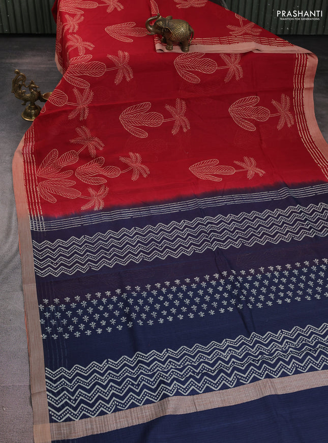 Kota silk cotton saree red and navy blue with allover block prints and simple border