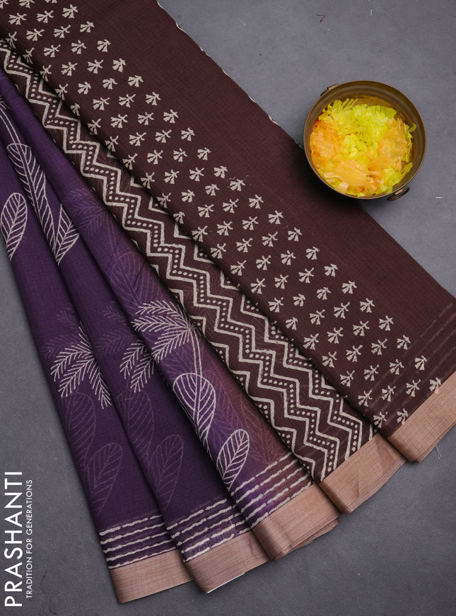 Kota silk cotton saree wine shade and coffee brown with allover block prints and simple border