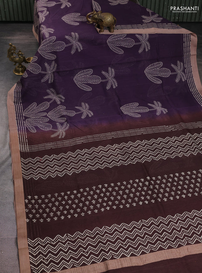 Kota silk cotton saree wine shade and coffee brown with allover block prints and simple border