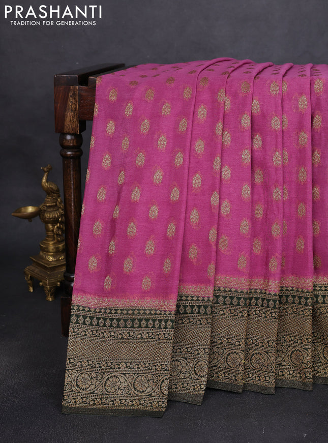 Banarasi semi crepe saree pastel pink and bottle green with allover thread & zari woven buttas and woven border