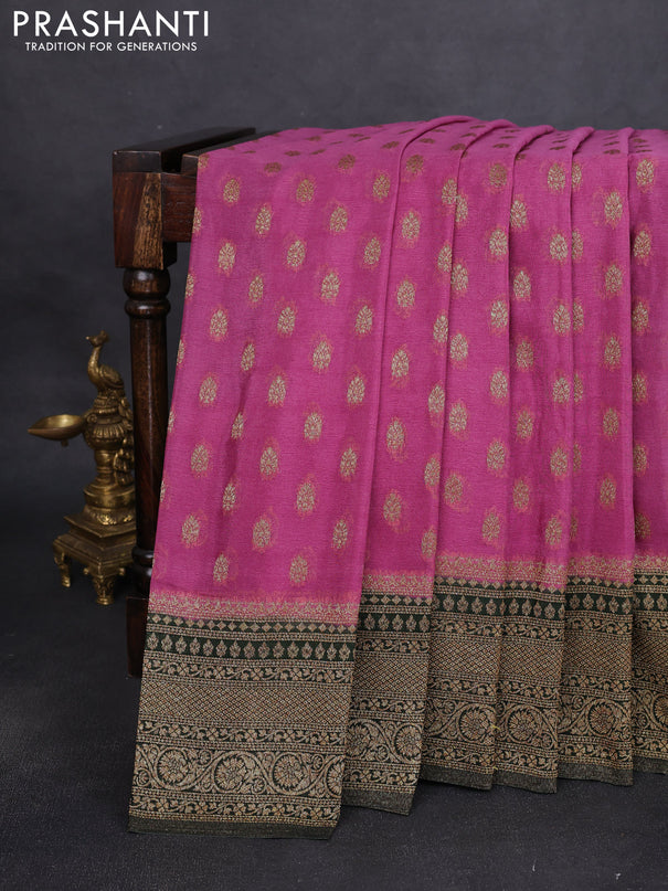 Banarasi semi crepe saree pastel pink and bottle green with allover thread & zari woven buttas and woven border