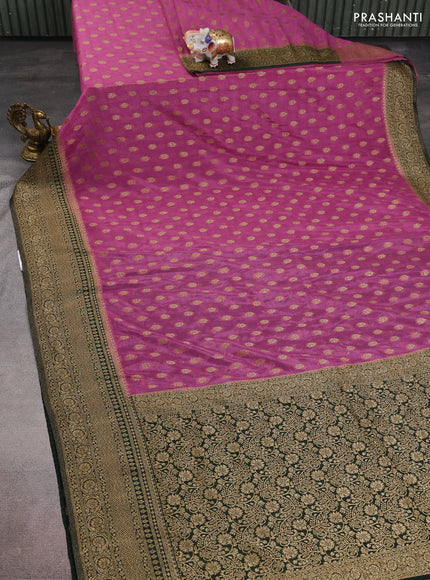 Banarasi semi crepe saree pastel pink and bottle green with allover thread & zari woven buttas and woven border