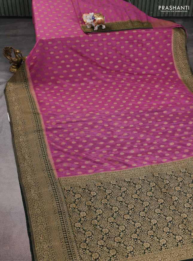 Banarasi semi crepe saree pastel pink and bottle green with allover thread & zari woven buttas and woven border