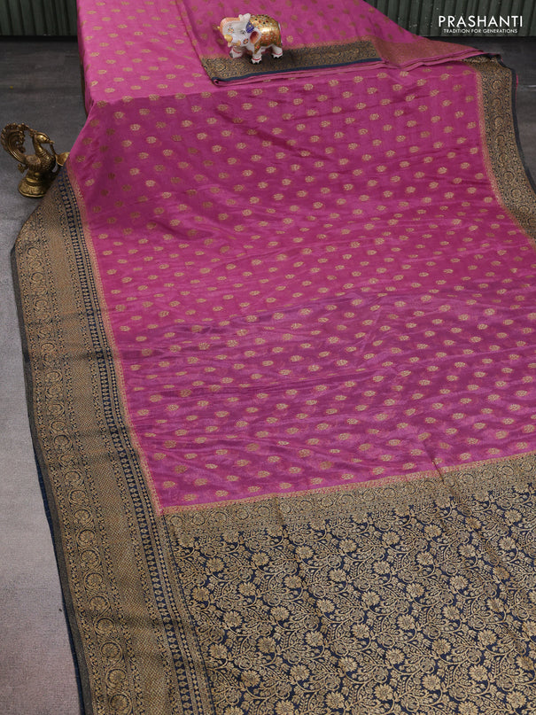 Banarasi semi crepe saree pastel pink and peacock blue with allover thread & zari woven buttas and woven border