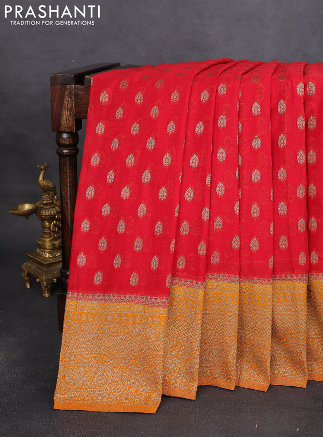 Banarasi semi crepe saree red and dark mustard with allover thread & zari woven buttas and woven border