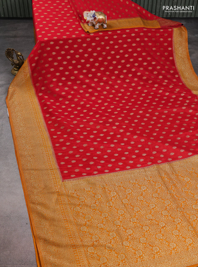 Banarasi semi crepe saree red and dark mustard with allover thread & zari woven buttas and woven border