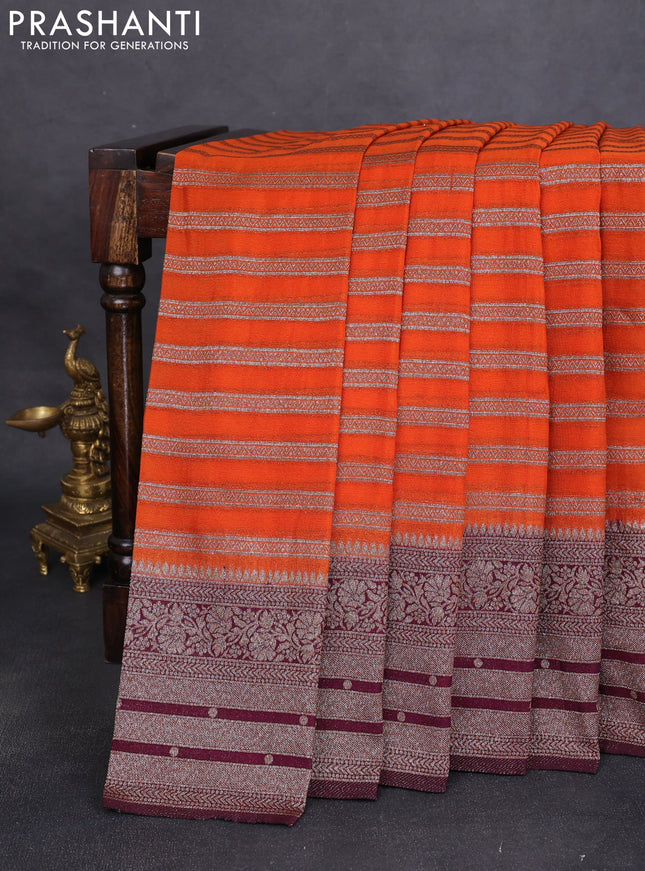 Banarasi semi crepe saree orange and wine shade with allover zari weaves and long zari woven border