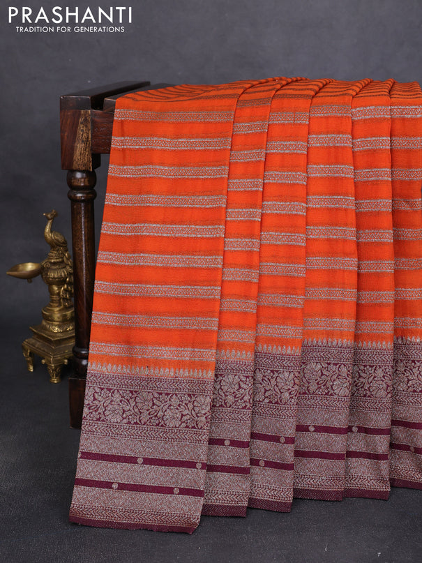 Banarasi semi crepe saree orange and wine shade with allover zari weaves and long zari woven border