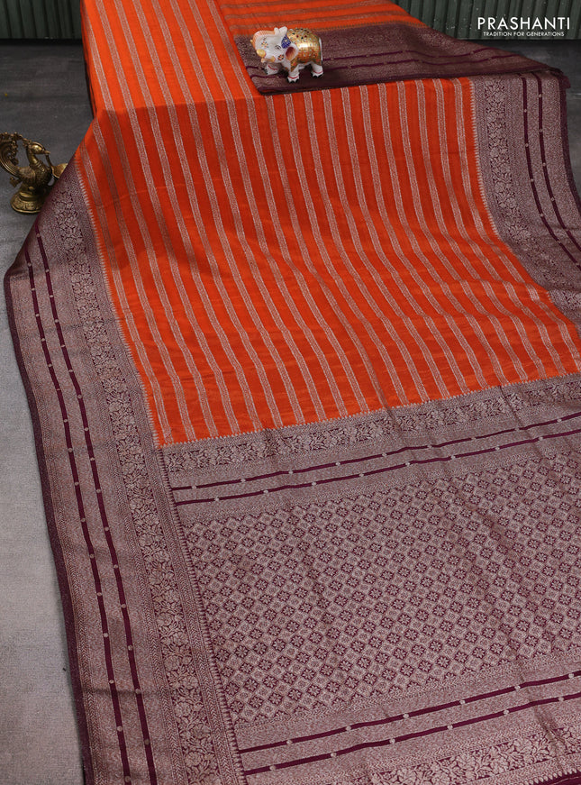 Banarasi semi crepe saree orange and wine shade with allover zari weaves and long zari woven border