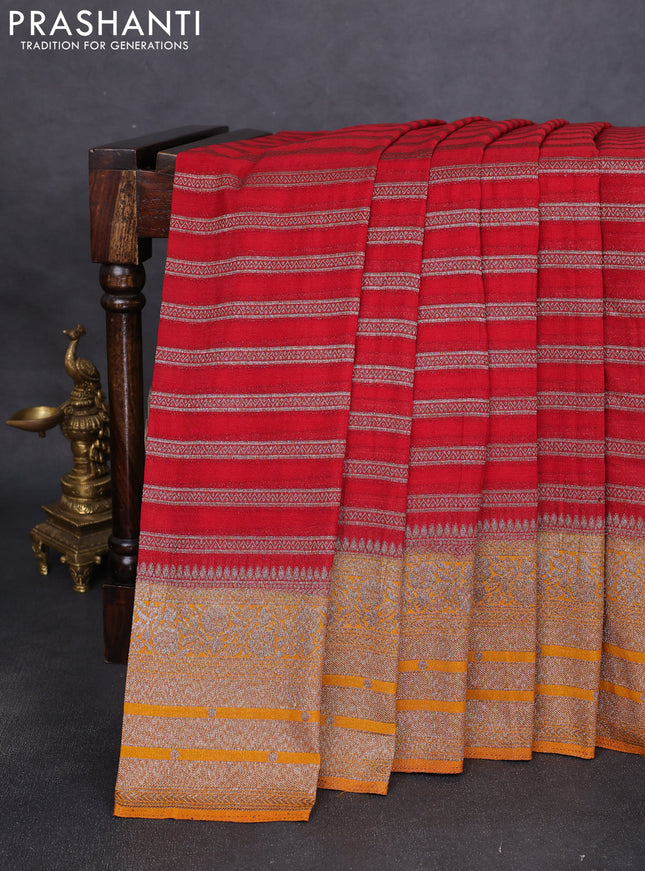 Banarasi semi crepe saree red and dark mustard with allover zari weaves and long zari woven border