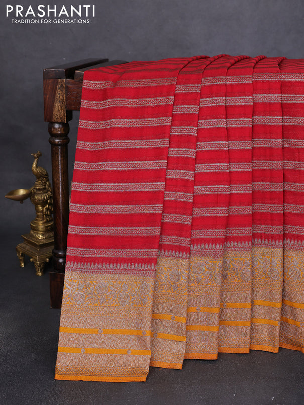 Banarasi semi crepe saree red and dark mustard with allover zari weaves and long zari woven border