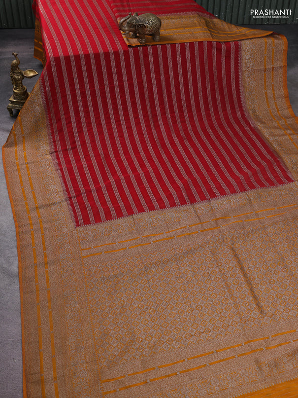 Banarasi semi crepe saree red and dark mustard with allover zari weaves and long zari woven border
