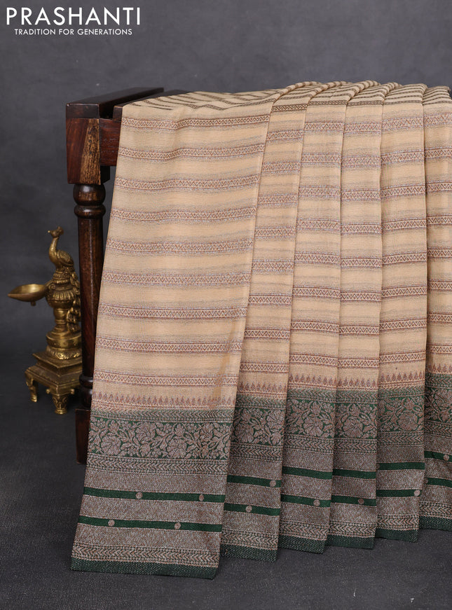 Banarasi semi crepe saree beige and bottle green with allover zari weaves and long zari woven border