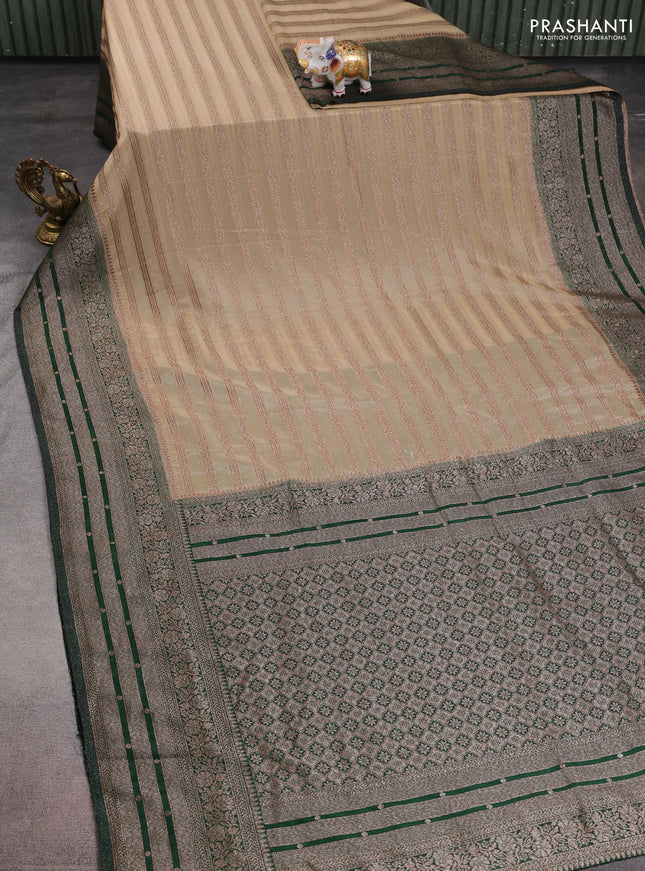 Banarasi semi crepe saree beige and bottle green with allover zari weaves and long zari woven border