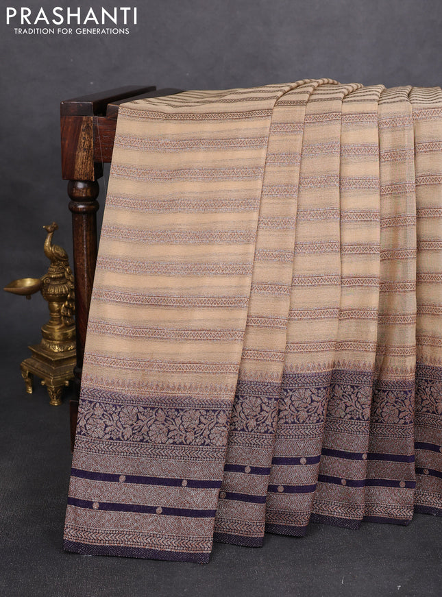 Banarasi semi crepe saree beige and navy blue with allover zari weaves and long zari woven border