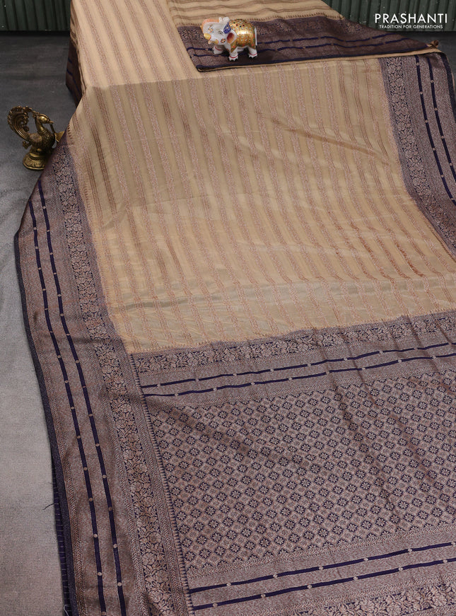 Banarasi semi crepe saree beige and navy blue with allover zari weaves and long zari woven border