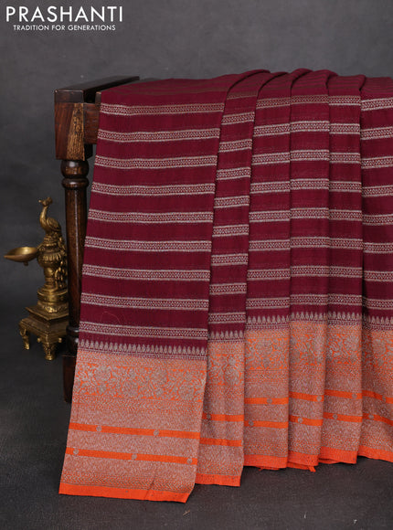 Banarasi semi crepe saree wine shade and orange with allover zari weaves and long zari woven border