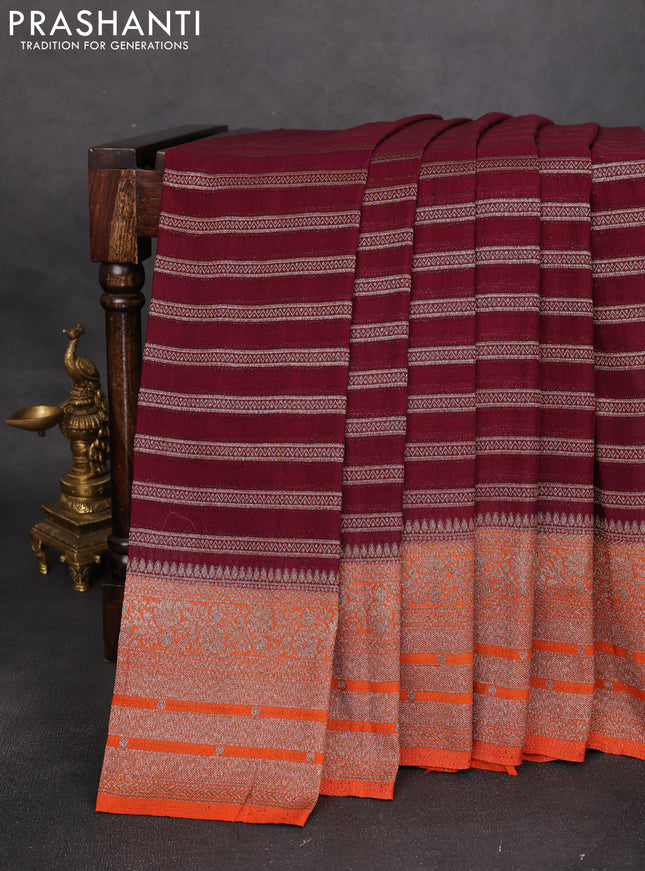 Banarasi semi crepe saree wine shade and orange with allover zari weaves and long zari woven border