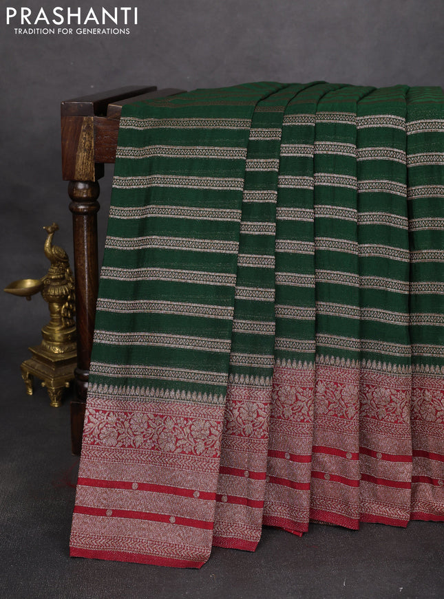 Banarasi semi crepe saree bottle green and maroon with allover zari weaves and long zari woven border
