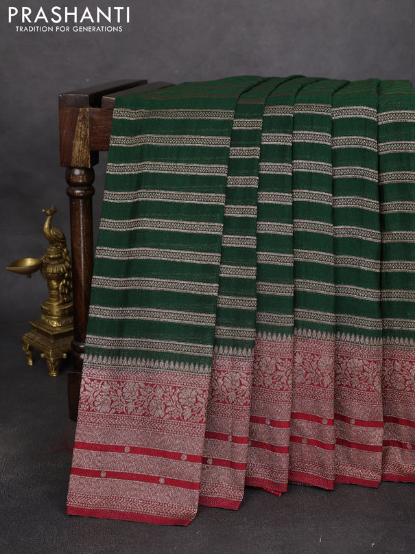 Banarasi semi crepe saree bottle green and maroon with allover zari weaves and long zari woven border