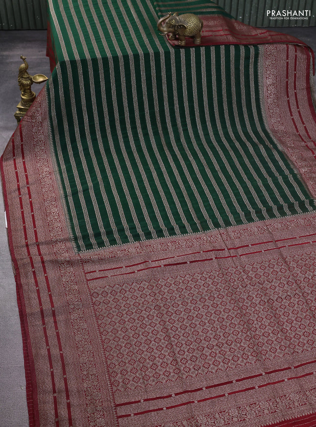 Banarasi semi crepe saree bottle green and maroon with allover zari weaves and long zari woven border
