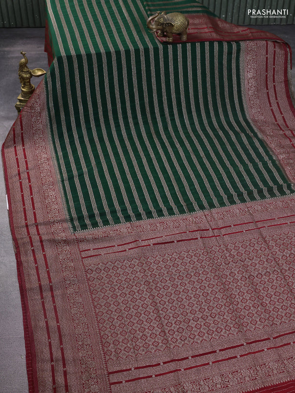 Banarasi semi crepe saree bottle green and maroon with allover zari weaves and long zari woven border