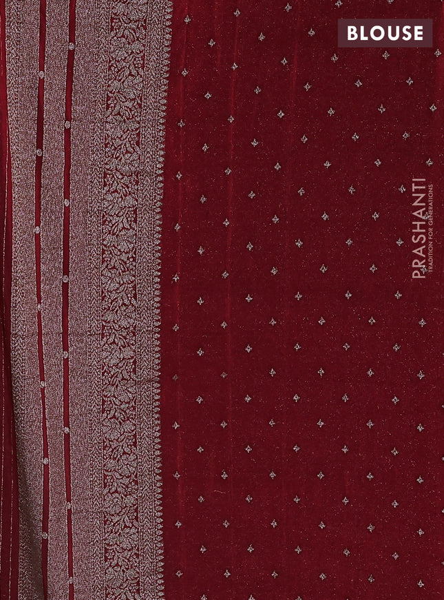 Banarasi semi crepe saree bottle green and maroon with allover zari weaves and long zari woven border