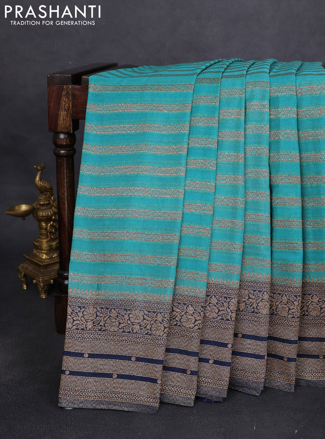 Banarasi semi crepe saree teal blue and peacock blue with allover zari weaves and long zari woven border
