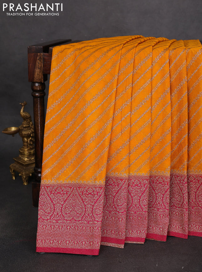 Banarasi semi crepe saree yellow and purple with allover zari weaves and zari woven border