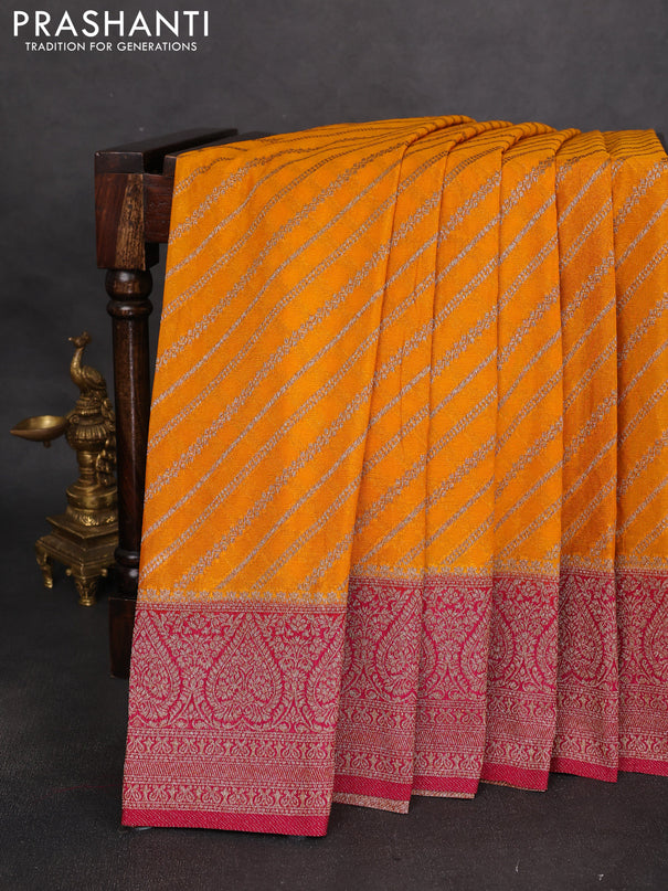 Banarasi semi crepe saree yellow and purple with allover zari weaves and zari woven border