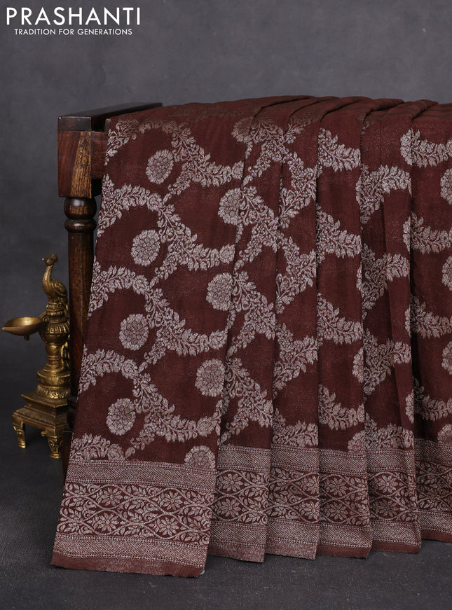 Banarasi semi crepe saree brown with allover thread & zari woven floral weaves and zari woven border