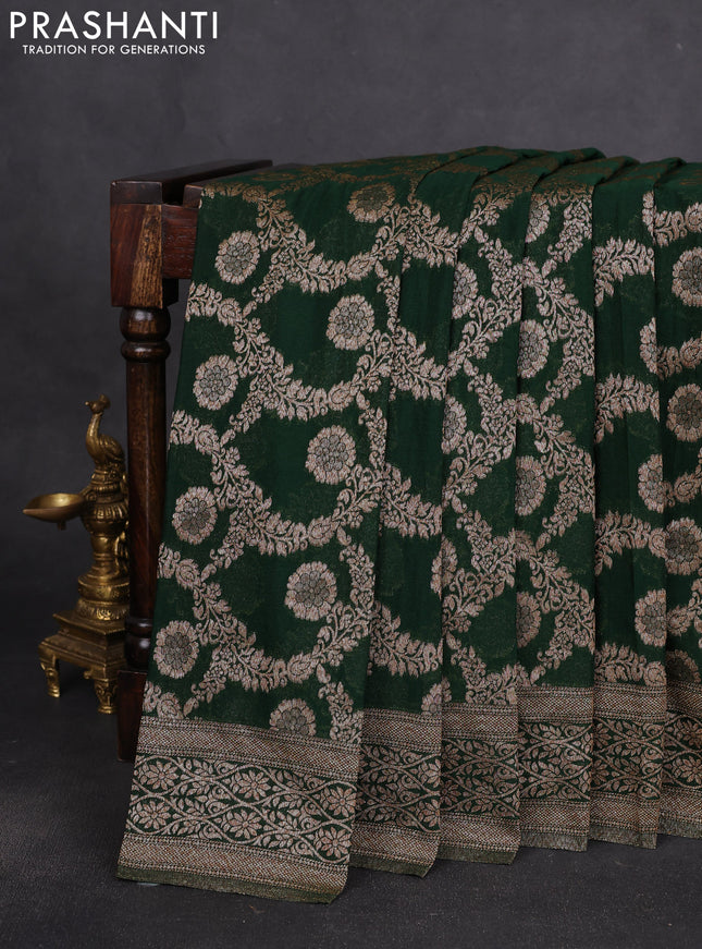 Banarasi semi crepe saree bottle green with allover thread & zari woven floral weaves and zari woven border