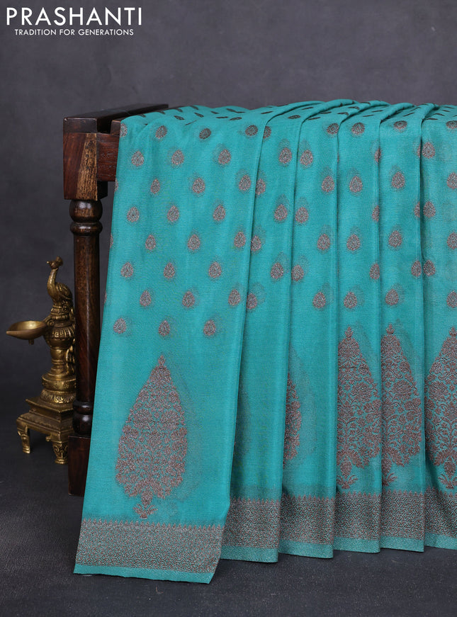 Banarasi semi crepe saree teal blue with allover thread & zari woven buttas and zari woven border