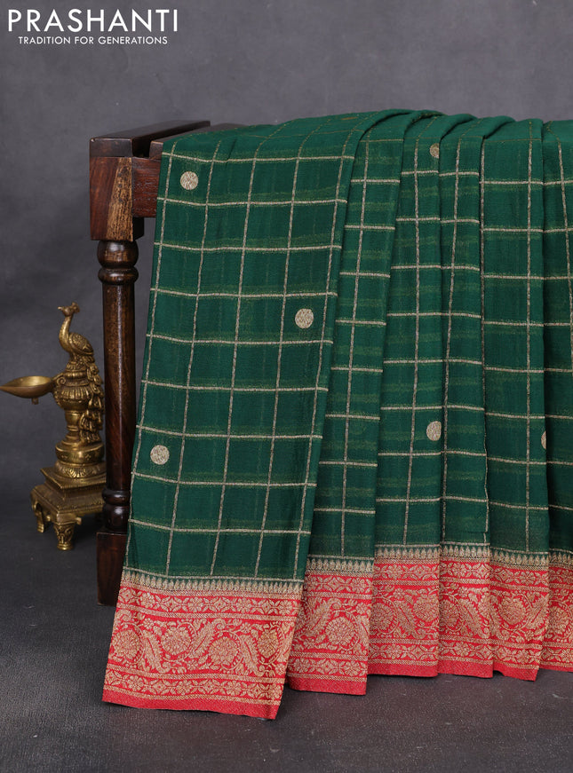 Banarasi semi crepe saree bottle green and red with allover zari checks & buttas and zari woven border