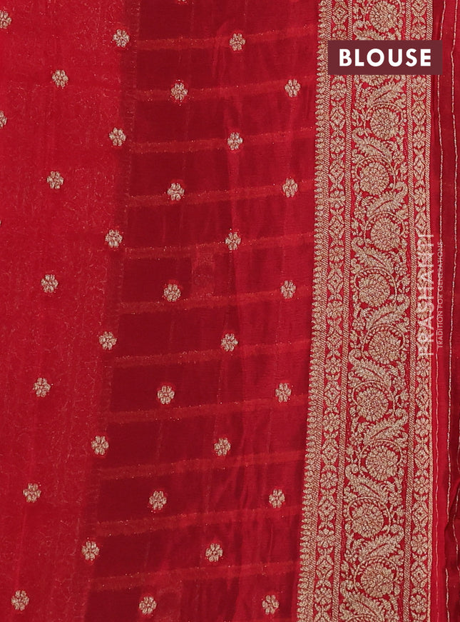 Banarasi semi crepe saree bottle green and red with allover zari checks & buttas and zari woven border