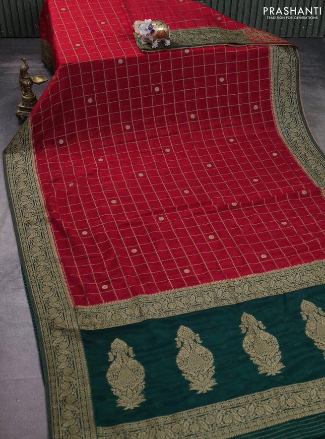 Banarasi semi crepe saree red and green with allover zari checks & buttas and zari woven border