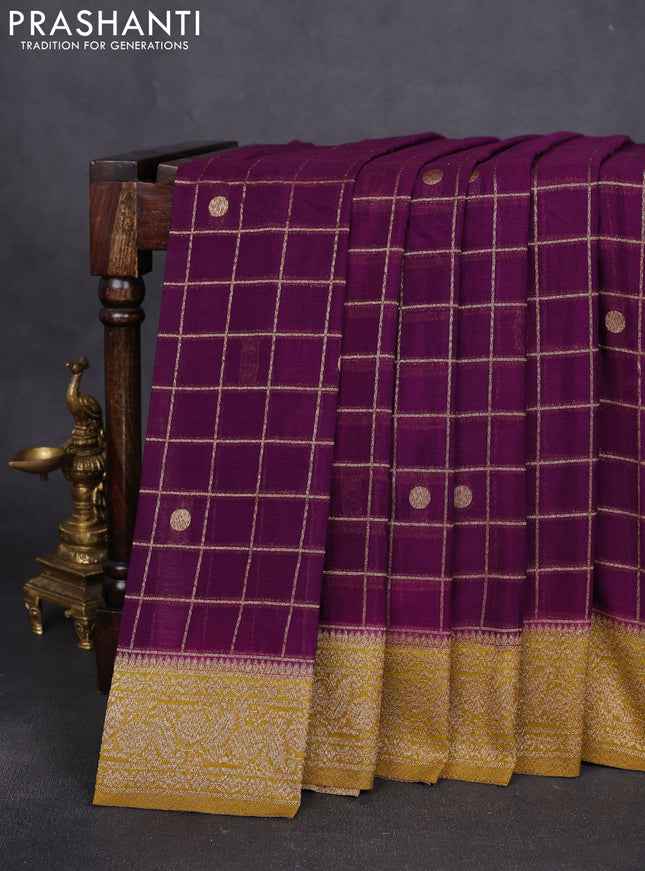 Banarasi semi crepe saree purple and light green with allover zari checks & buttas and zari woven border