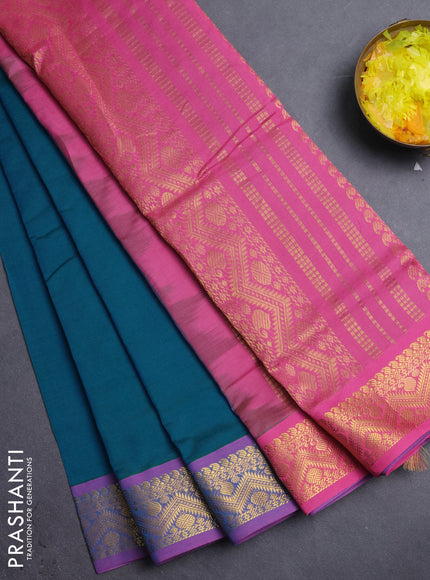 10 Yards poly cotton saree teal green and mauve pink with plain body and zari woven border
