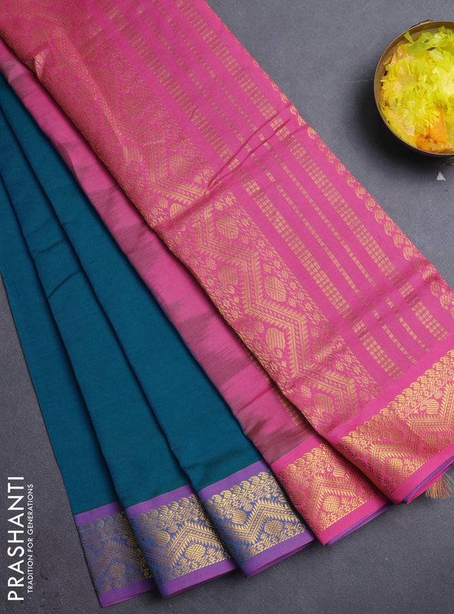10 Yards poly cotton saree teal green and mauve pink with plain body and zari woven border