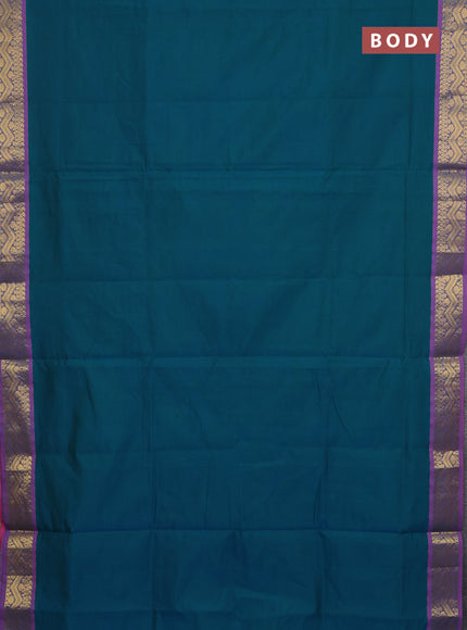 10 Yards poly cotton saree teal green and mauve pink with plain body and zari woven border